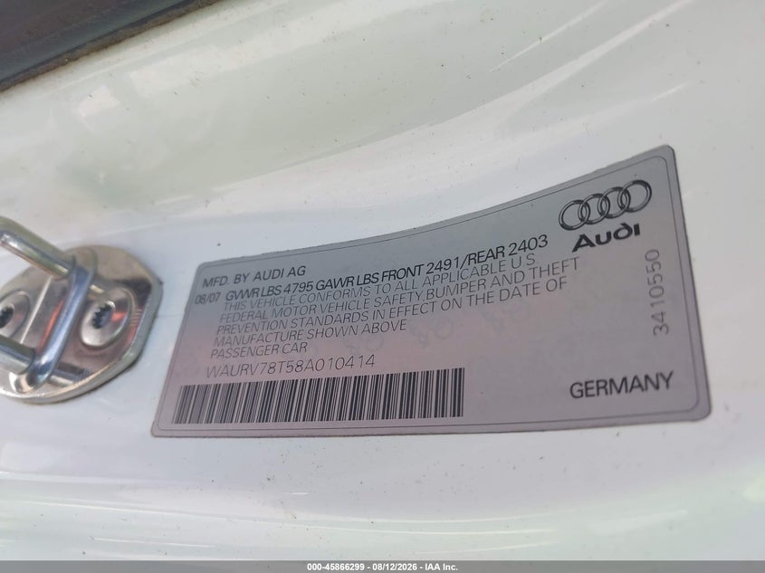AUDI S5 2008 VIN WAURV78T58A010414
