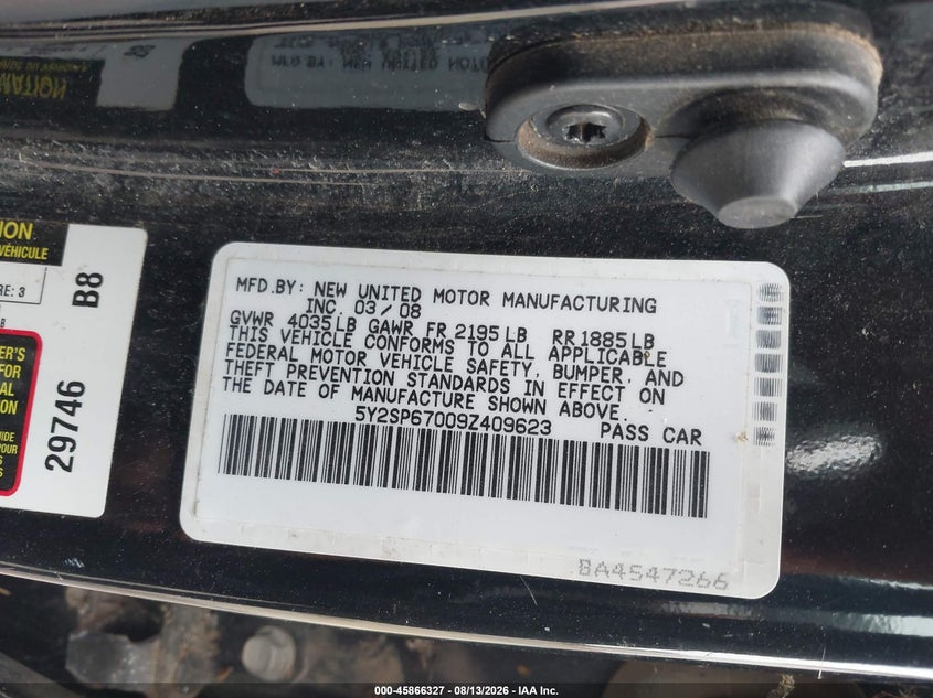 PONTIAC VIBE 2009 VIN 5Y2SP67009Z409623