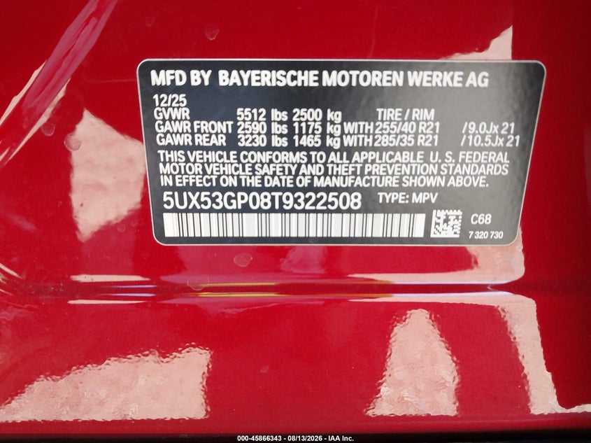 BMW X3 2026 VIN 5UX53GP08T9322508