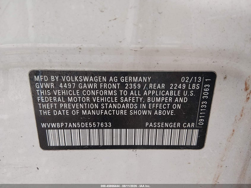 VOLKSWAGEN CC 2013 VIN WVWBP7AN5DE557633