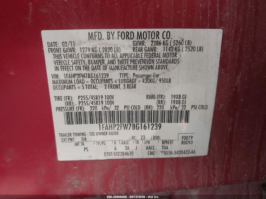 FORD TAURUS 2011 VIN 1FAHP2FW7BG161239