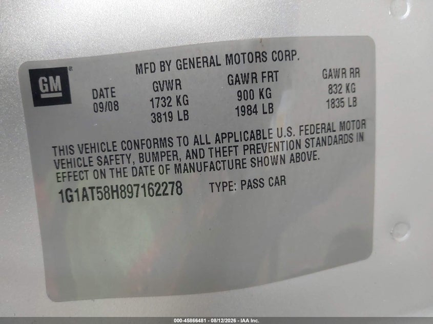 CHEVROLET COBALT 2009 VIN 1G1AT58H897162278