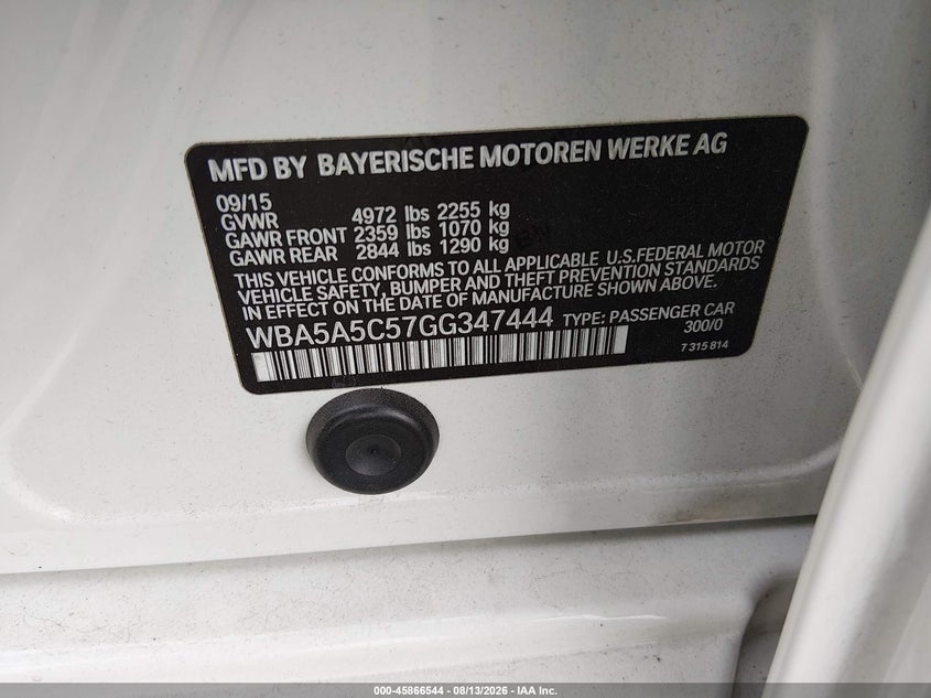 BMW 528I 2016 VIN WBA5A5C57GG347444