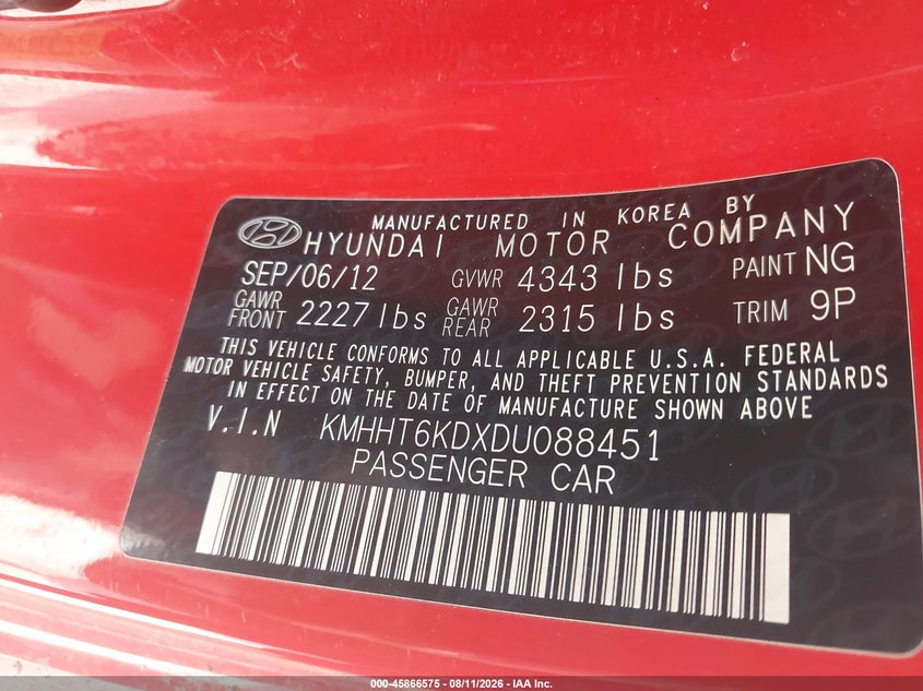 HYUNDAI GENESIS 2013 VIN KMHHT6KDXDU088451