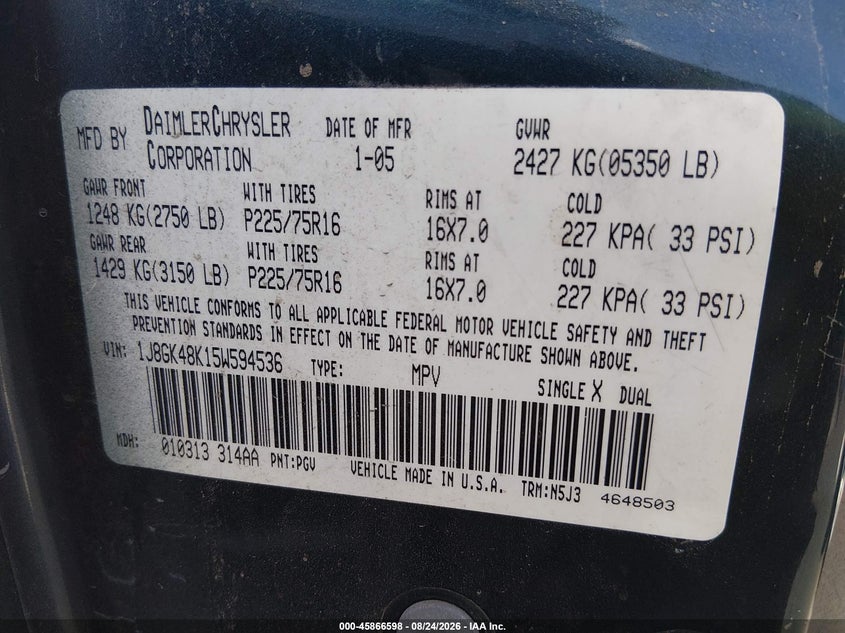 JEEP LIBERTY 2005 VIN 1J8GK48K15W594536