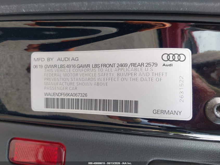 AUDI A5 2019 VIN WAUENDF56KA067326