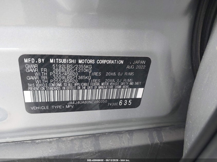 MITSUBISHI OUTLANDER 2022 VIN JA4J4UA80NZ090350