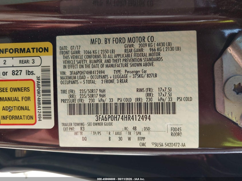 FORD FUSION 2017 VIN 3FA6P0H74HR412494