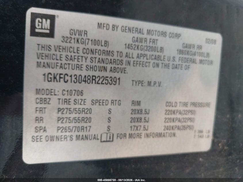 GMC YUKON 2008 VIN 1GKFC13048R225391