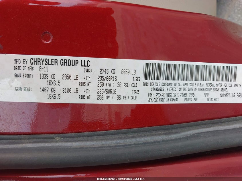 CHRYSLER TOWN & COUNTRY 2012 VIN 2C4RC1BG1CR117109