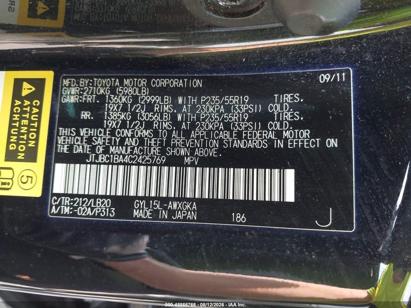 LEXUS RX 450H 2012 VIN JTJBC1BA4C2425769