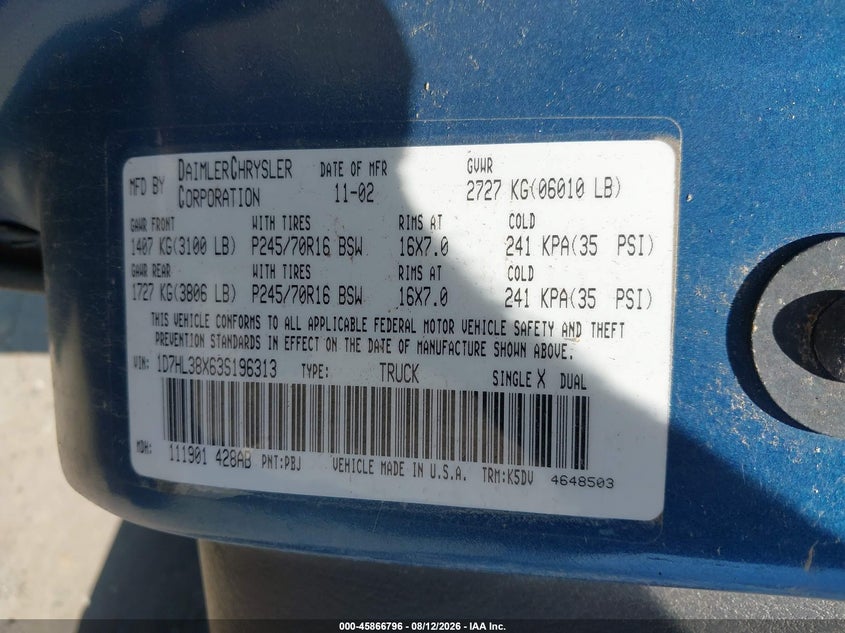 2003 DODGE DAKOTA TRUCK 3.9L V-6 175HP
