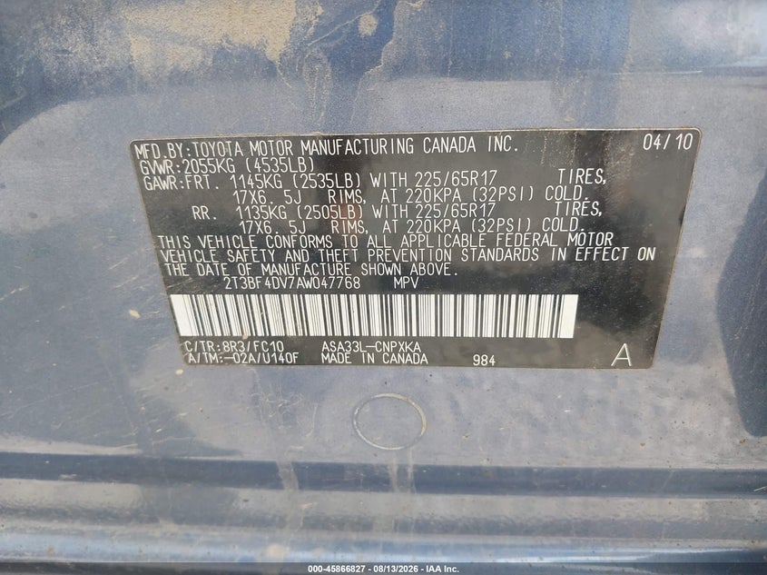 2010 TOYOTA RAV 4 SPORT UTILITY VEHICLE 2.5L I-4 DOHC, VVT, 179HP