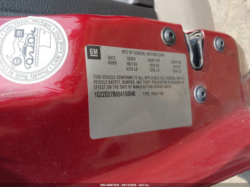PONTIAC G6 2009 VIN 1G2ZG57B894158846