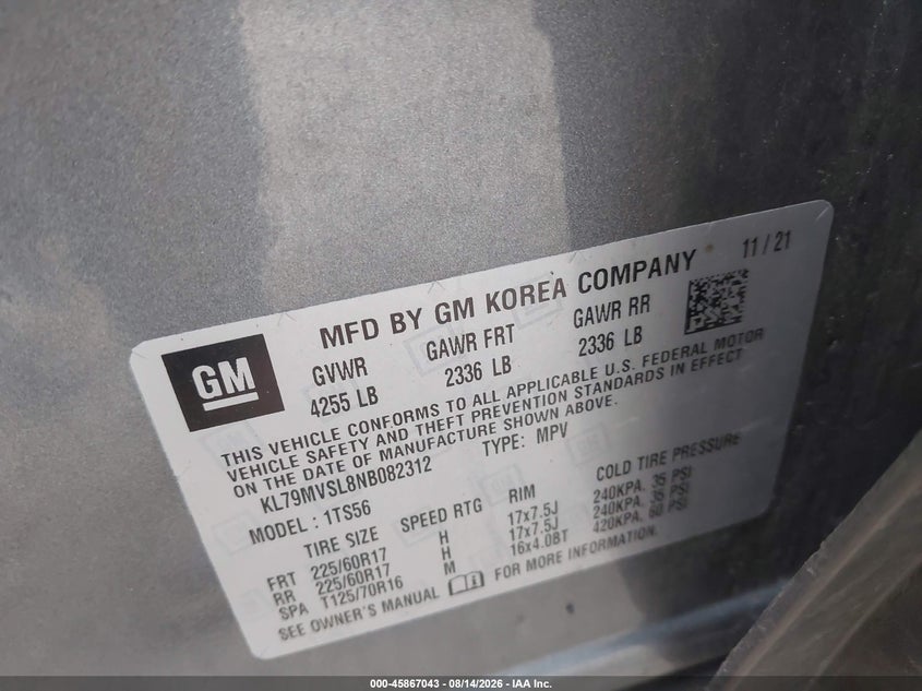 CHEVROLET TRAILBLAZER 2022 VIN KL79MVSL8NB082312