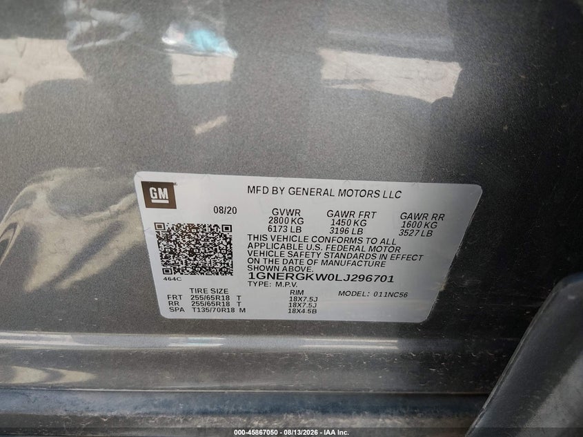CHEVROLET TRAVERSE 2020 VIN 1GNERGKW0LJ296701