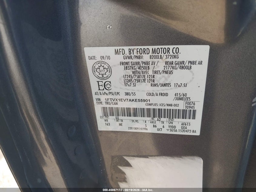 FORD F-150 2010 VIN 1FTVX1EV7AKE55901