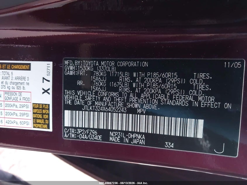 SCION XB 2006 VIN JTLKT324X64052243