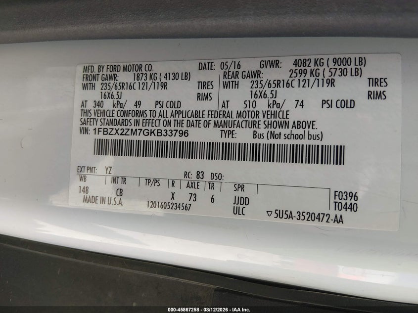 2016 FORD TRANSIT WAGON 3.7L V-6 DOHC, VVT, 275HP