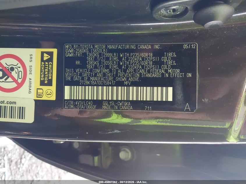 LEXUS RX 350 2013 VIN 2T2BK1BA1DC158417