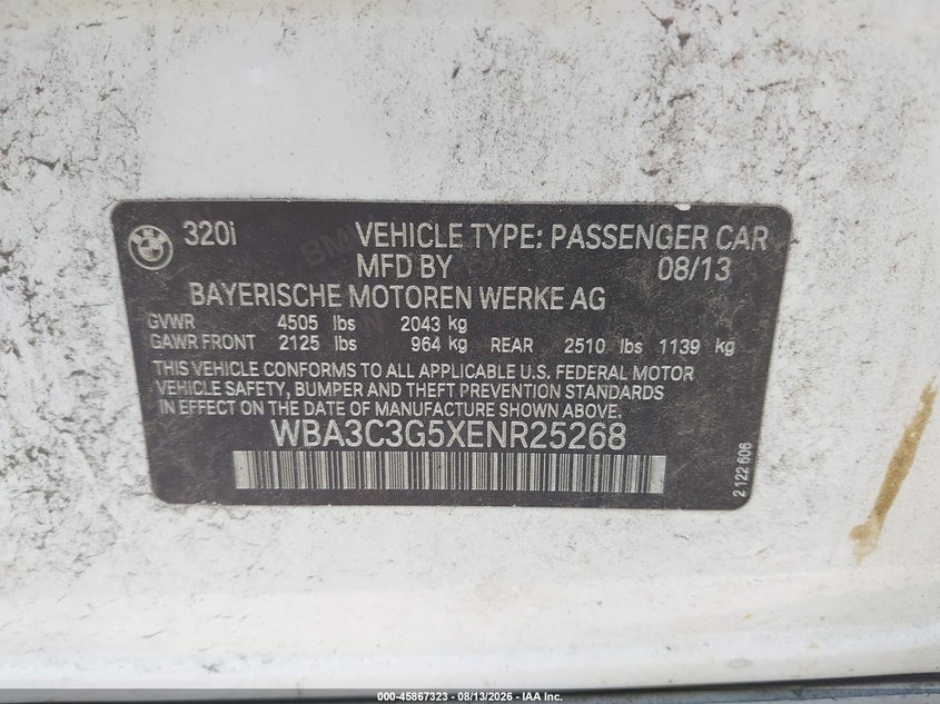 BMW 320I 2014 VIN WBA3C3G5XENR25268