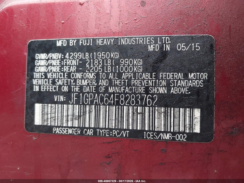 SUBARU IMPREZA 2015 VIN JF1GPAC64F8283762