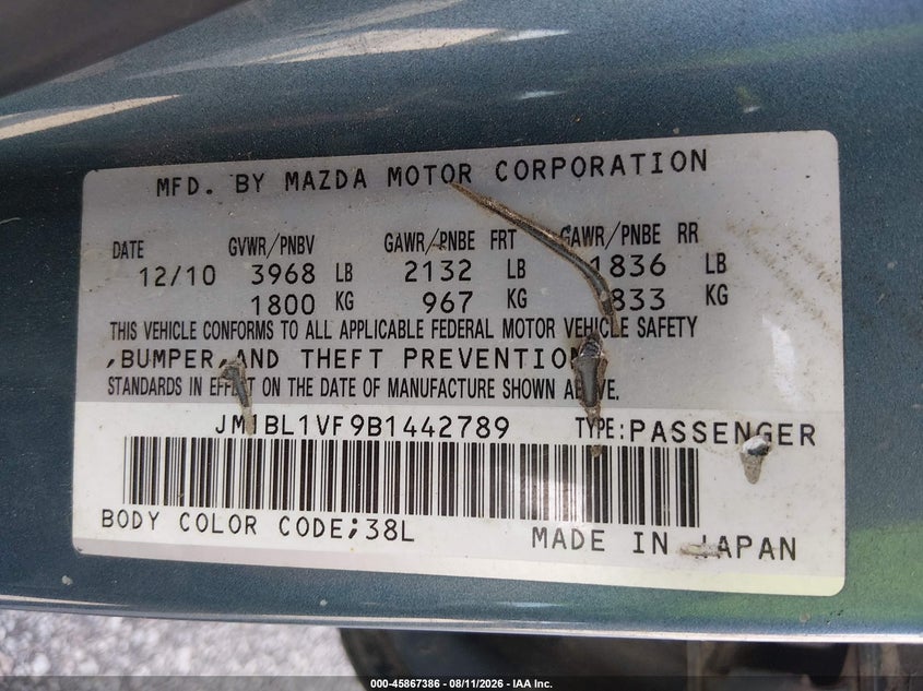 MAZDA MAZDA3 2011 VIN JM1BL1VF9B1442789