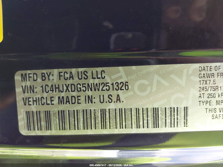 JEEP WRANGLER UNLIMITED 2022 VIN 1C4HJXDG5NW251326