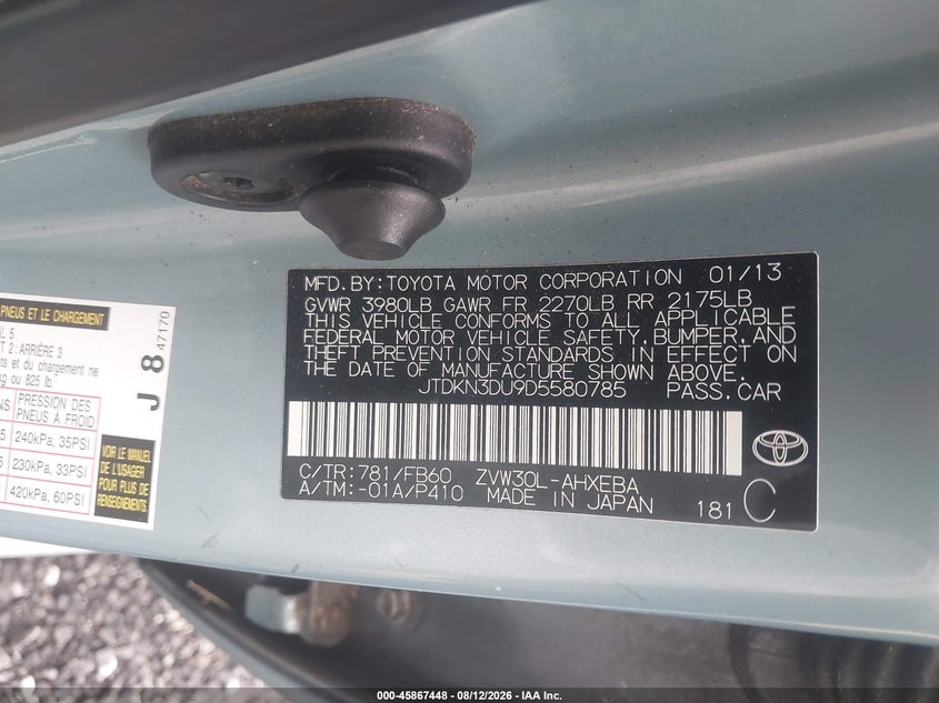 TOYOTA PRIUS 2013 VIN JTDKN3DU9D5580785