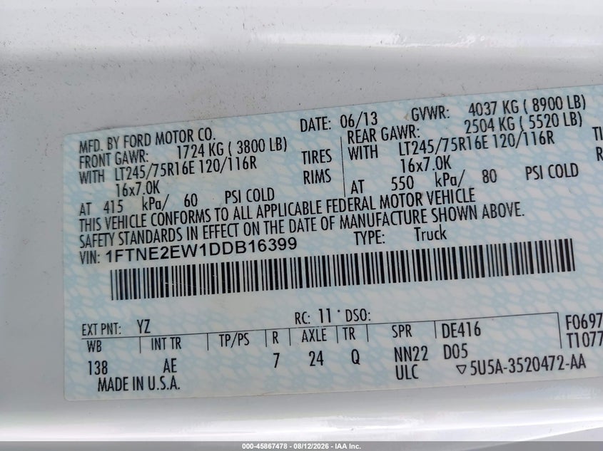 FORD E-250 2013 VIN 1FTNE2EW1DDB16399