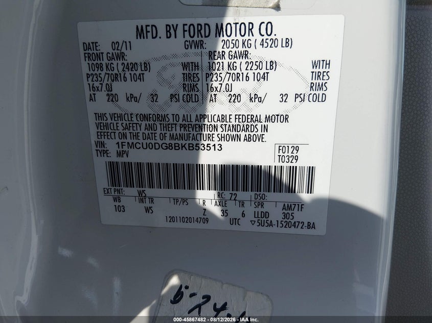 2011 FORD ESCAPE SPORT UTILITY VEHICLE 3.0L V6 FI DOHC 24V NF4