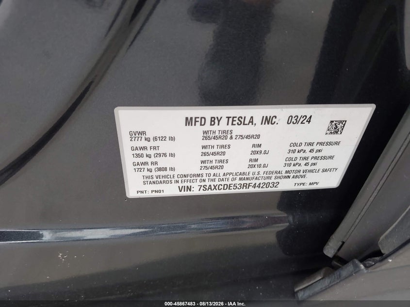 TESLA MODEL X 2024 VIN 7SAXCDE53RF442032