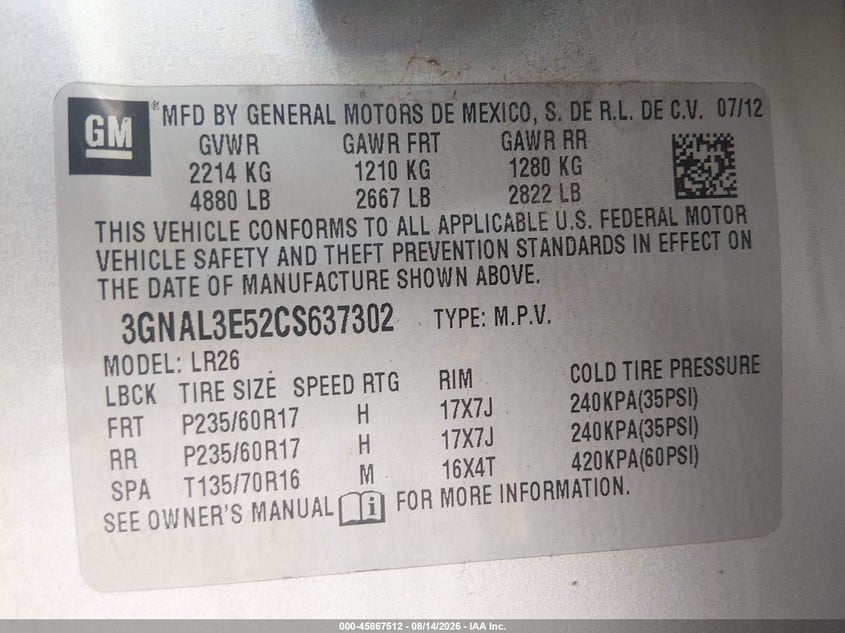 2012 CHEVROLET CAPTIVA SPORT SPORT UTILITY VEHICLE 3.0L V-6 DI, DOHC, VVT, 264HP