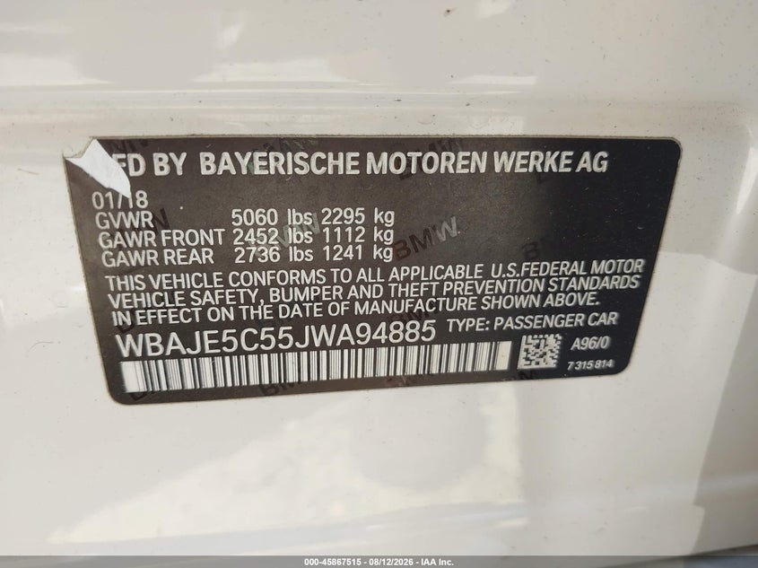 BMW 540I 2018 VIN WBAJE5C55JWA94885