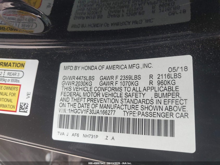 HONDA ACCORD 2018 VIN 1HGCV1F30JA166277
