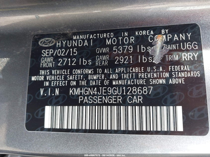 HYUNDAI GENESIS 2016 VIN KMHGN4JE9GU128687