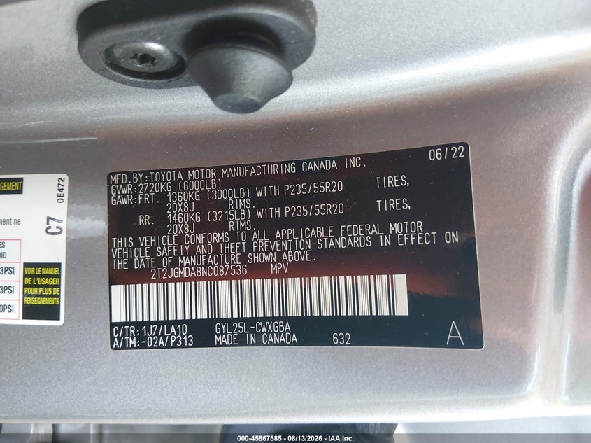 LEXUS RX 450H 2022 VIN 2T2JGMDA8NC087536