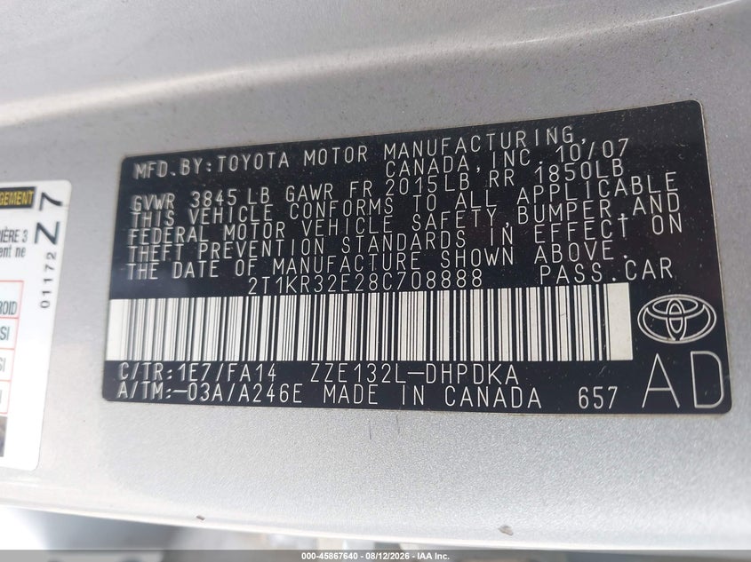 TOYOTA MATRIX 2008 VIN 2T1KR32E28C708888