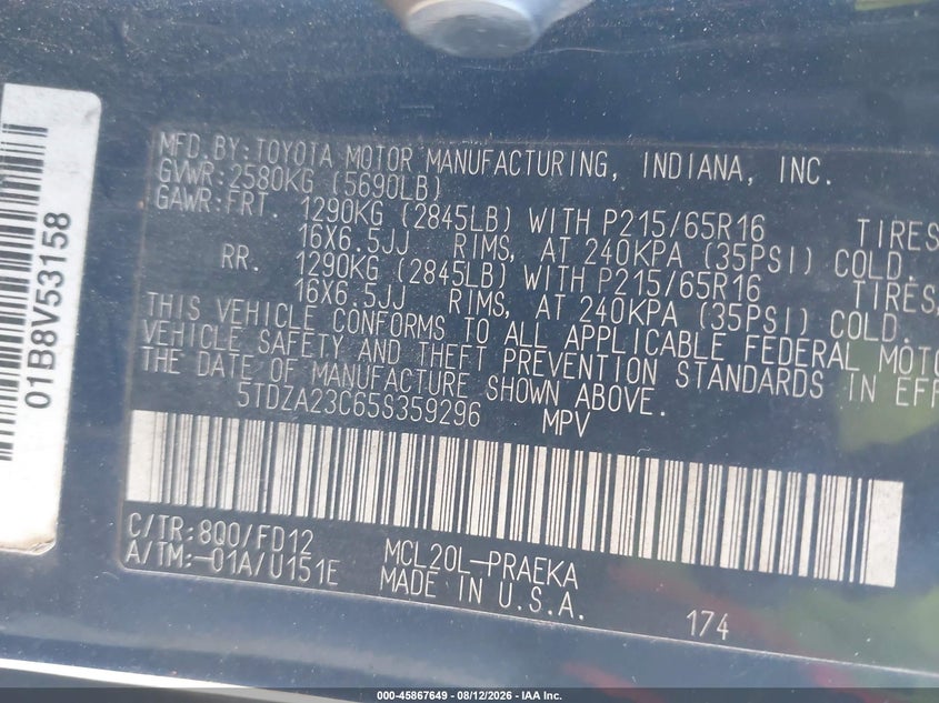 TOYOTA SIENNA 2005 VIN 5TDZA23C65S359296
