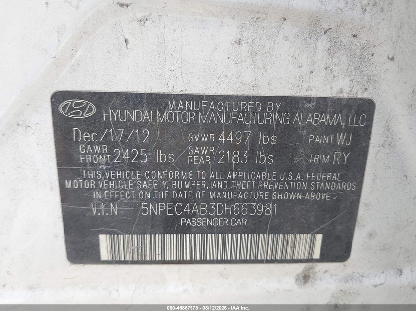 2013 HYUNDAI SONATA SEDAN 2.0L I-4 DI, DOHC, VVT, TURBO, 274HP