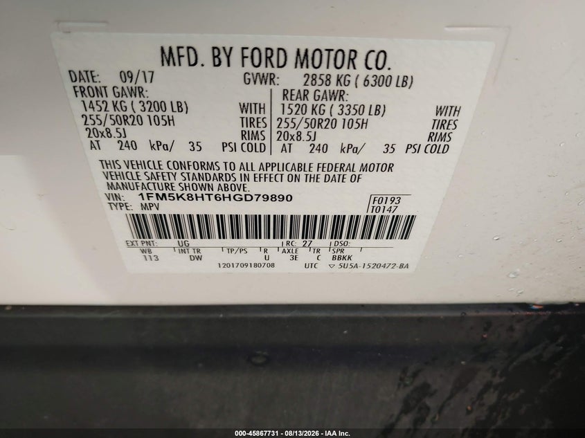 FORD EXPLORER 2017 VIN 1FM5K8HT6HGD79890
