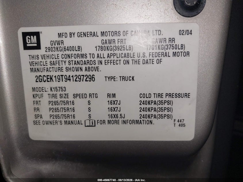 2004 CHEVROLET SILVERADO PICKUP 5.3L V-8 295HP