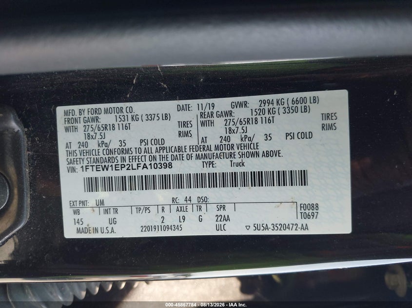 2020 FORD F-150 PICKUP 2.7L V6 FI DOHC 24V NF4