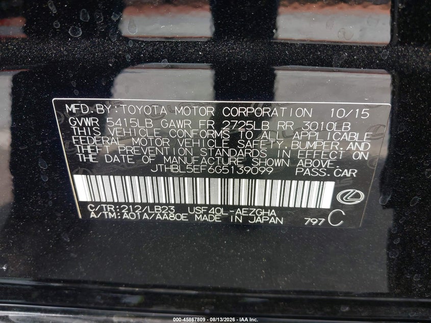 LEXUS LS 460 2016 VIN JTHBL5EF6G5139099
