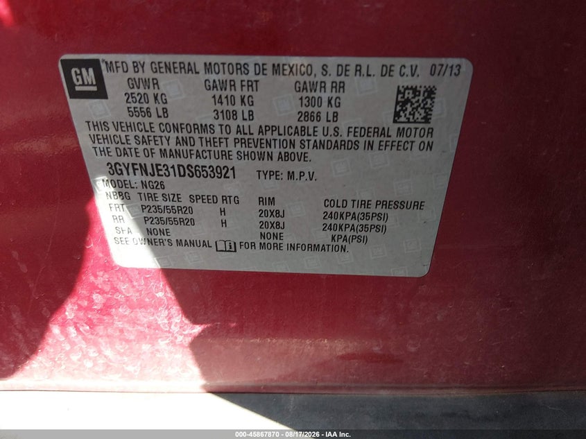 CADILLAC SRX 2013 VIN 3GYFNJE31DS653921