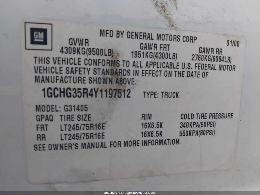 CHEVROLET EXPRESS 2000 VIN 1GCHG35R4Y1197512
