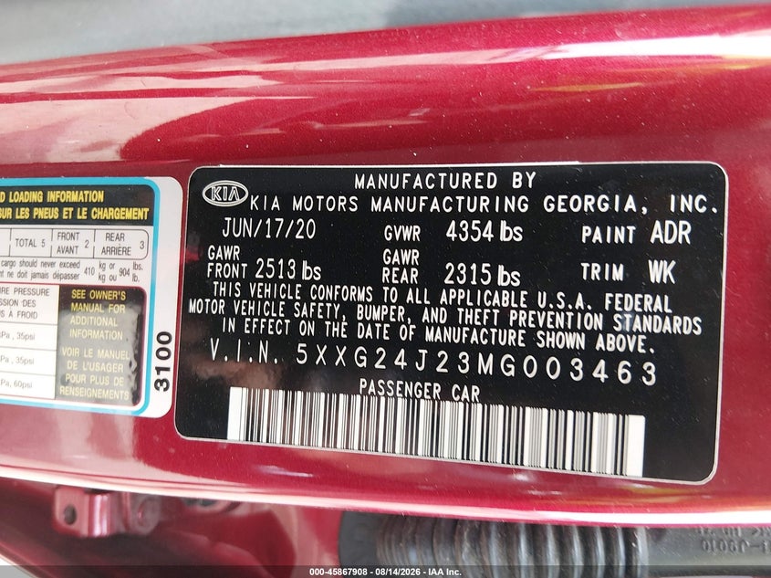 KIA K5 2021 VIN 5XXG24J23MG003463