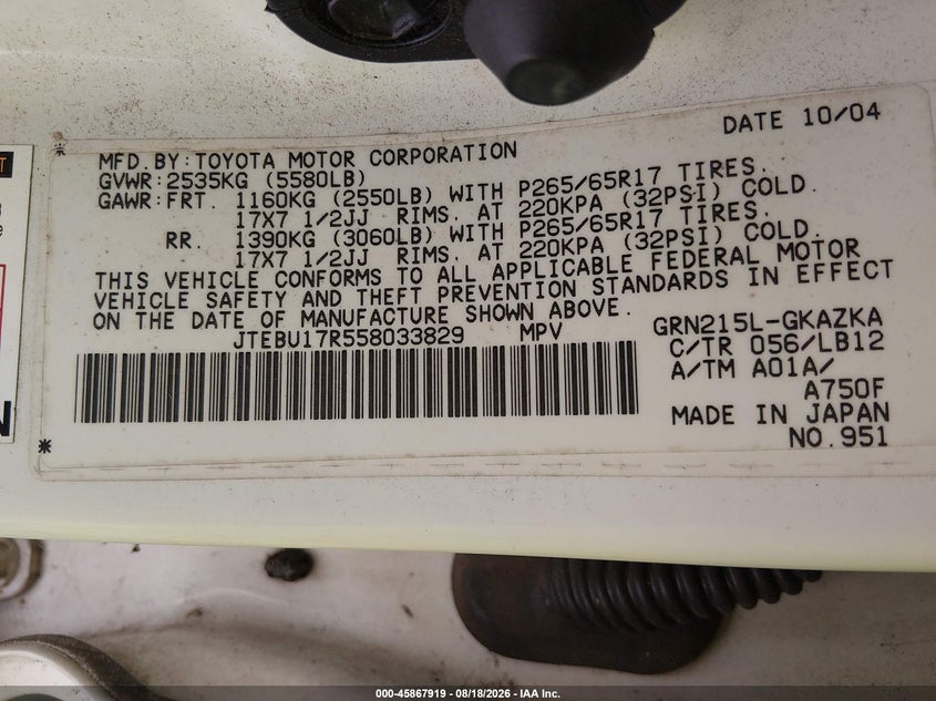 TOYOTA 4RUNNER 2005 VIN JTEBU17R558033829