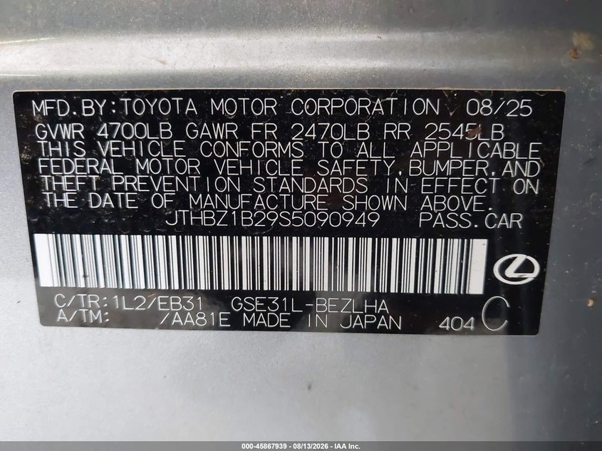 LEXUS IS 350 2025 VIN JTHBZ1B29S5090949
