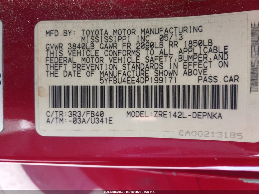 2013 TOYOTA COROLLA SEDAN 1.8L I-4 DOHC, VVT, 132HP